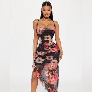 Fashion Nova Floral Midi Dress - Black and Pink